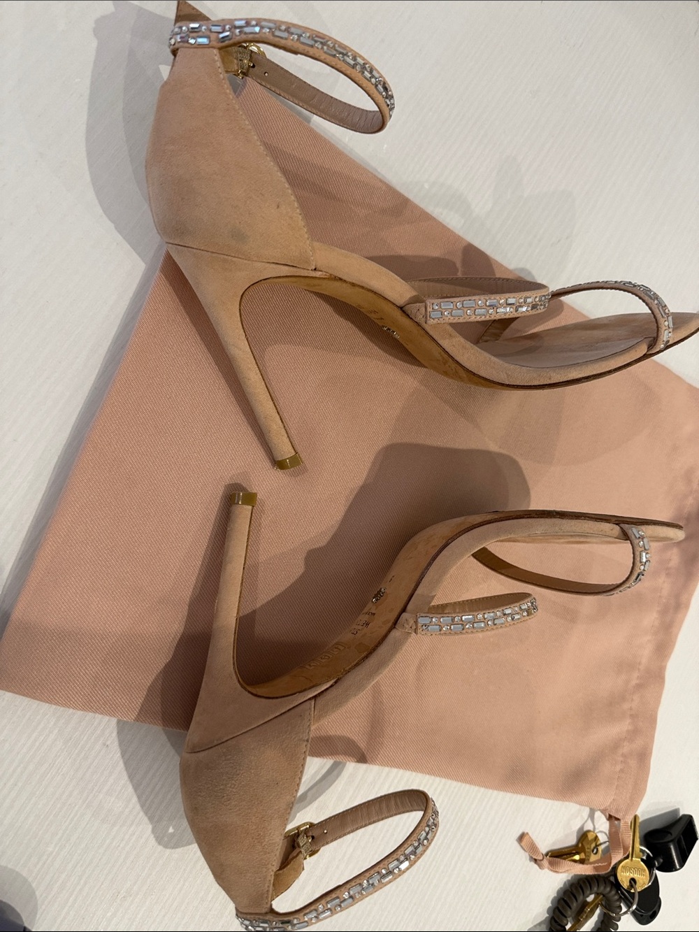 Stuart Weitzman Suede Rhinestone Embellished Sandals - Picture 4 of 5